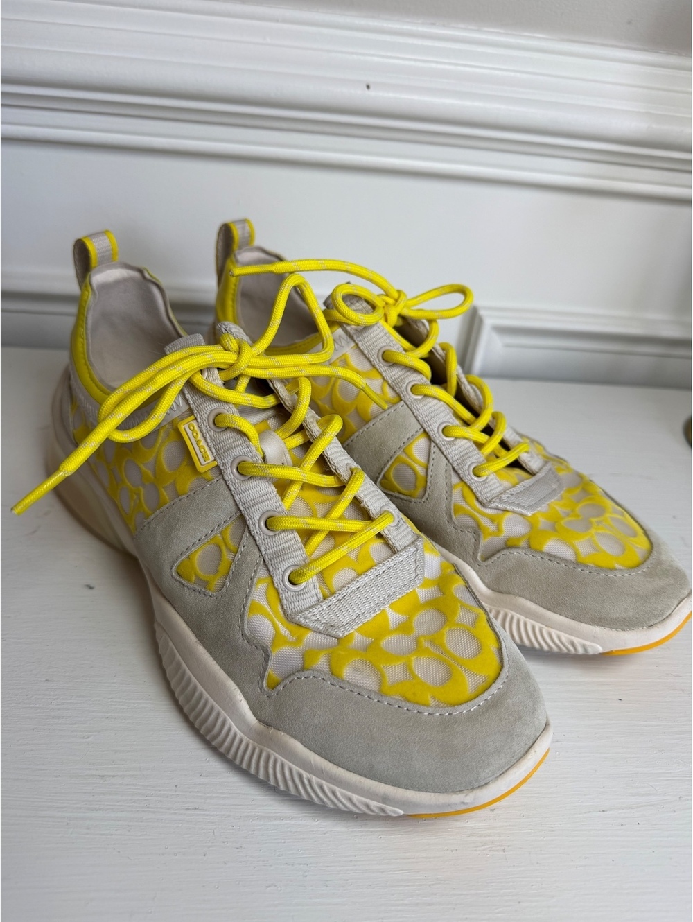 Coach Citysole Court Sneaker Yellow Grey Monogram C Canvas Suede Shoes. Size 10